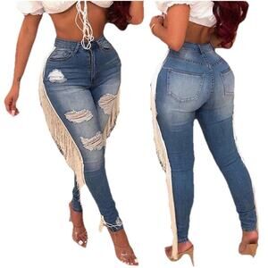 COWGIRL WESTERN Fringe Distressed Jeans Side Tasseled Streetwear Size Large